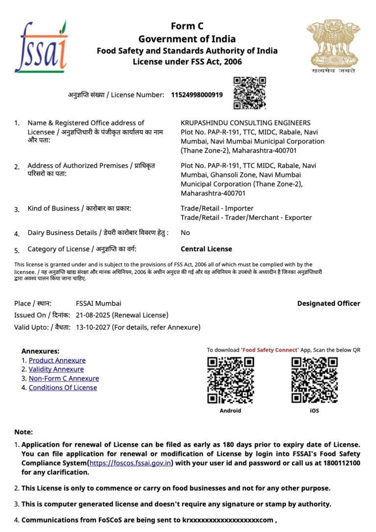 FSSAI License to Krupashindu Consulting Engineers